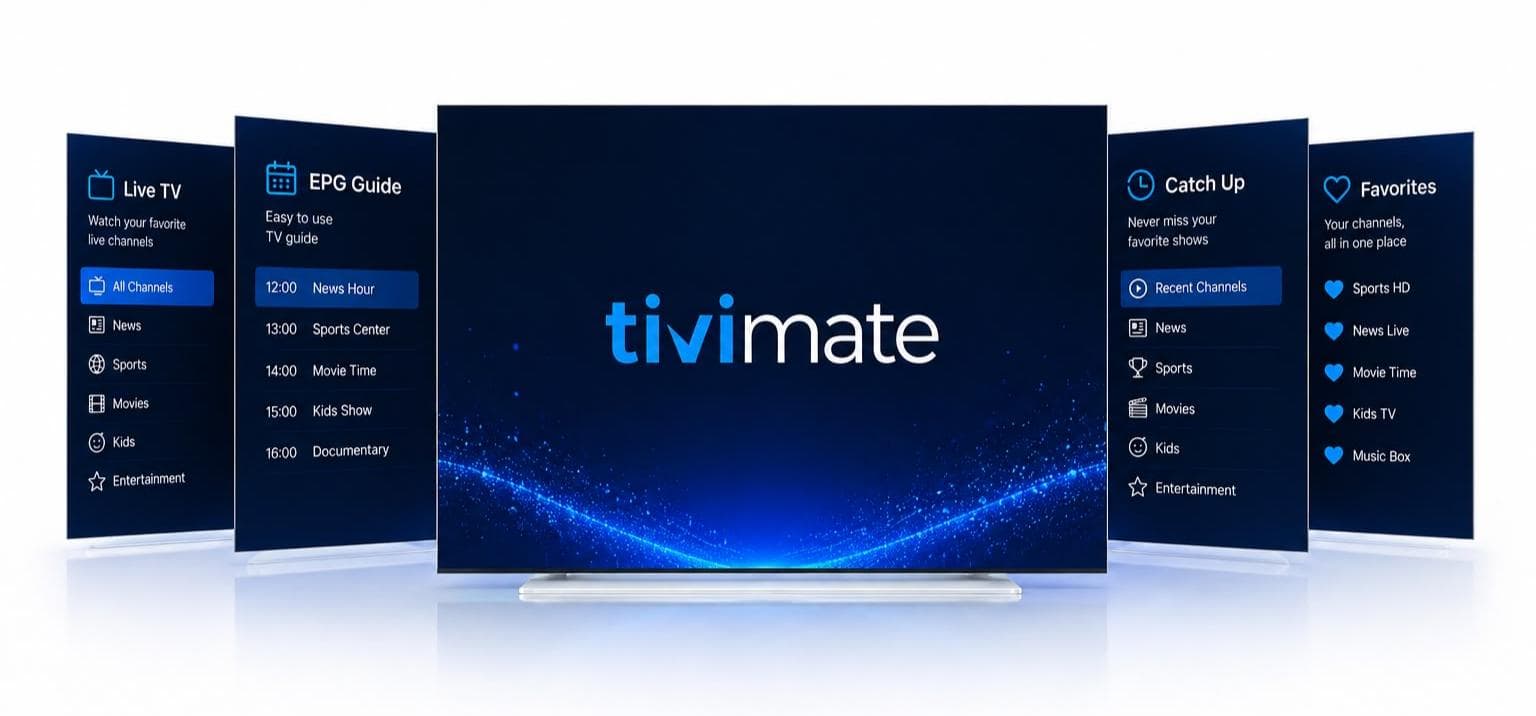 TiviMate IPTV Player interface with Live TV, EPG Guide, Catch Up and Favourites