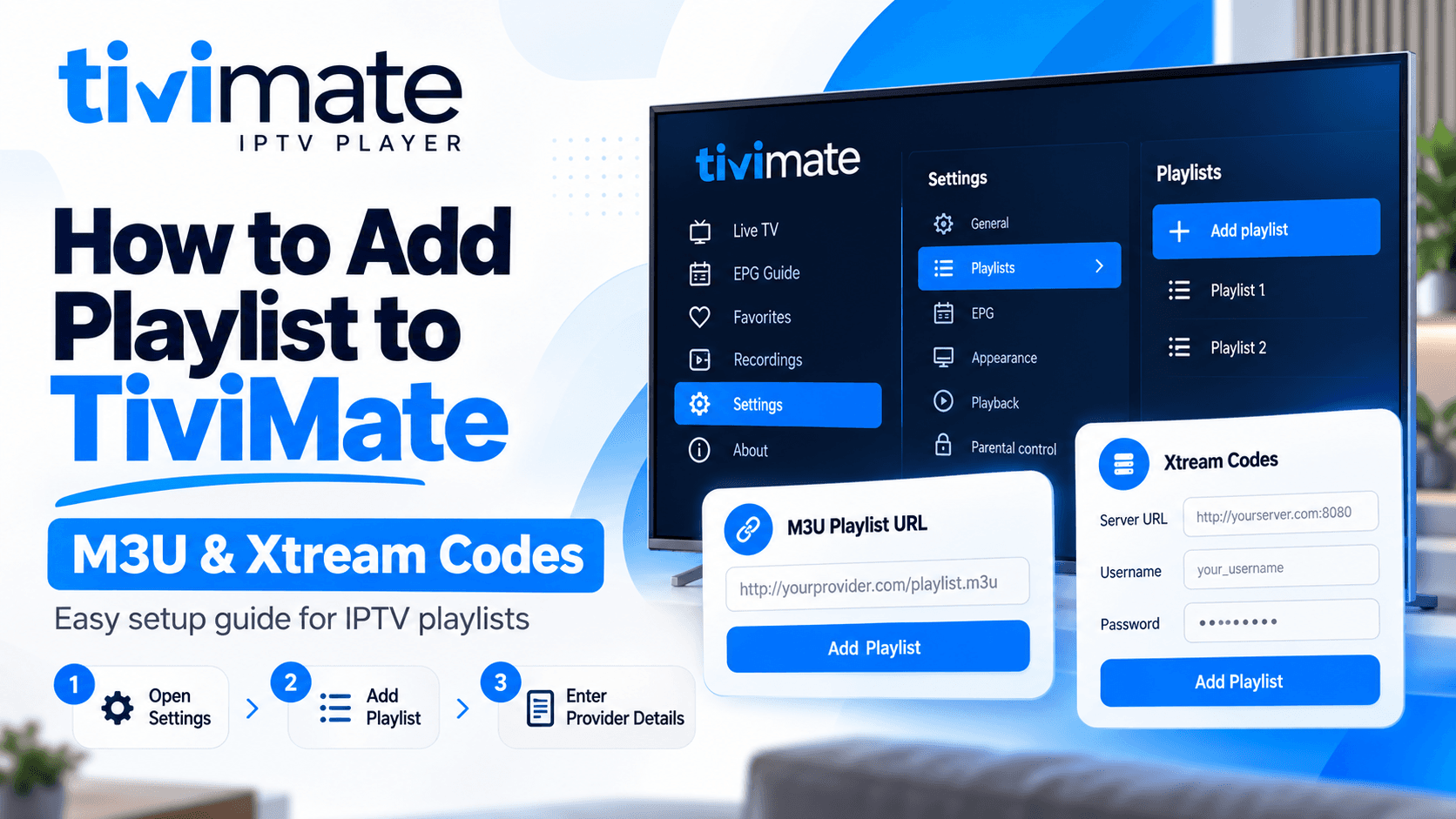 How to add playlist to TiviMate with M3U playlist URL and Xtream Codes setup on a TV screen